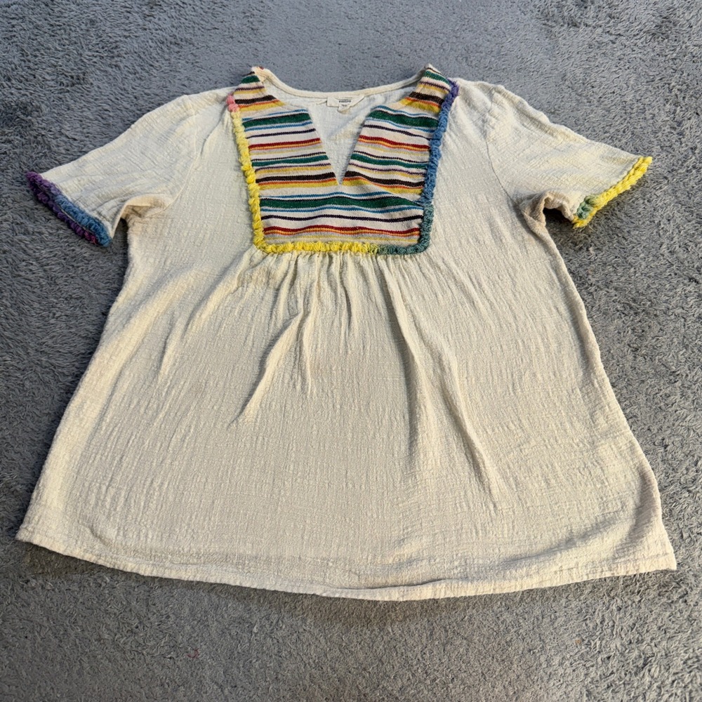 Entro Womens Boho Striped Bib Blouse Size M Cream Multicolor Fringe Cotton